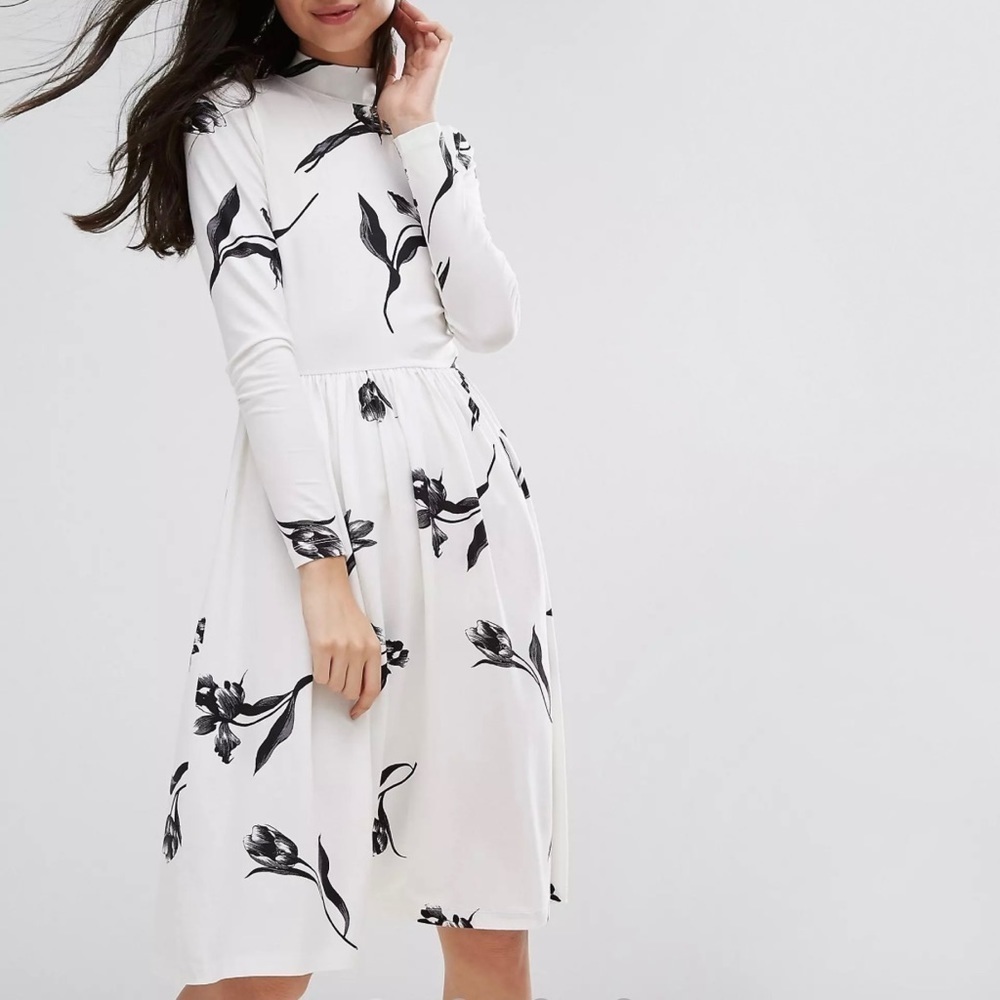 Asos PETITE Midi Dress with High Neck in Cream Floral